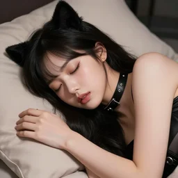 realistic detailed semirealism beautiful gorgeous cute Blackpink Lalisa Manoban sleeping, black hair black cat ears, black leather choker, proportional body, WLOP, Aztodio, Taejune Kim, sakimichan, ArtGerm, Pixiv, Instagram, Artstation
