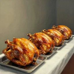 cooked, roast chickens lined up, art by grant wood