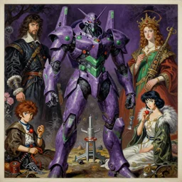 unique epic anime purple and green space cyborg armor, monumental painting by gerrit van honthorst and hajime sorayama and devis stuart, illusion surreal art, highly conceptual figurative art, intricate detailed oil illustration, controversial poster art, polish poster art 1 9 8 0