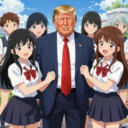 “anime key visual of Donald trump fighting anime girls, pixiv”