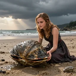 emma watson finds a giant wet clam on the beach!