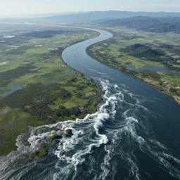 aerial view of dense river delta and tsunami waves by hiroshi yoshida, roger deakins, turner, rothko, full height fluid simulation in houdini, distant mountain range, hyperrealism, moorland, matte painting, prometheus, trending on artstation, 8 k very hight detail, rendered in octane
