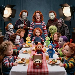 a colorful portrait photograph of divine in an american dinner, with creepy cursed dolls like little miss no name, face bank, fearsome flush, cursed mickey, blippy in the box, jolly chimp, fingertronic howdy doody electronic puppet, skinny bones, cursed teletubbies, trolls, boobahs, chucky, jigsaw, leatherface, michael myers, pazuzu, chatterer, pennywise, pale man in 1 9 9 0 s, studio light photography, high definition, 8 k, taken by alex webb
