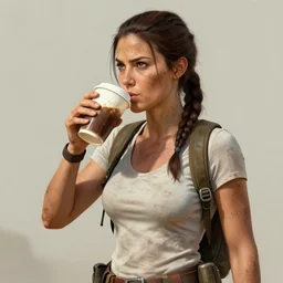 dirty Lara Croft drinking coffee after a long adventure, painted by WLOP