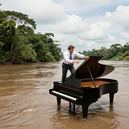 a banker clinging on to a grand piano floating down the amazon river