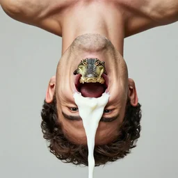 a perfect portrait of a man, his skin is upside down, his eyes are on stalks, his nose is made of alligators, his mouth is drooling a gushing river of raw egg white, he is happy and he is singing the national anthem of italy