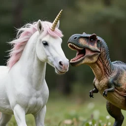 photorealistic close up shot cinematography of a unicorn and trex playing 1 8 mm lens.