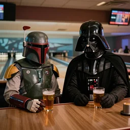 boba fett and darth vader drinking at a bowling alley bar in the movie the big lebowski, hd