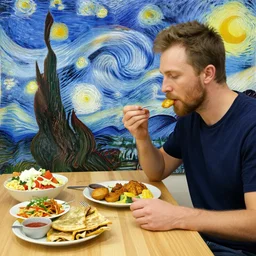Twitch Streamer Travelling through Greece and eating food painted by Van Gogh
