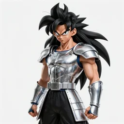 19-year-old muscular warrrior girl wearing chrome silver armor and black spandex pants, long wild spiky black Saiyan hair, wild black hair, tropical, palm trees, chrome buildings, futuristic base, 1987, anime, pulp art, HD art, wallaper