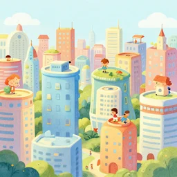 fanciful city filled with curvy buildings, colorful kids book illustration by dr seuss, platforms, towers, bridges, stairs, style of the lorax and on beyond zebra