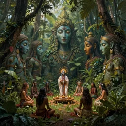 a shamanic ceremony in the jungle, spirits faces blending with foliage, matte painting, art by christophe vacher