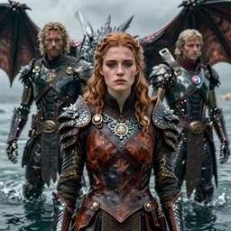 detailed ultrarealistic photography front medium shot of sadie sink, leather armor, dragonscales, starwars, dragonslayer, fantasy, waterworld, postapocalyptic, cyberpunk cyborg, leyendecker, norman rockwell, greg rutkowski, artstation cinematic, vray game of thrones, lord of the rings
