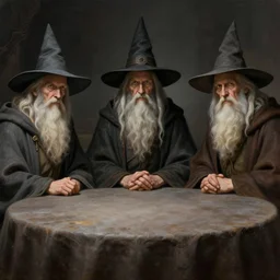 picture of three old sages in a round table, classical wizard robes, sitting, serious, classic wizard hats, high fantasy, highly detailed, detailed faces, smooth, sharp focus, chiaroscuro, digital painting, concept art, artgerm and greg rutkowski and alphonse mucha