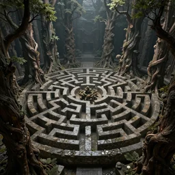 dense labyrinth maze of tall gnarled stone and trees, dark, volumetric lighting, 8 k octane beautifully detailed render, post - processing, extremely hyper - detailed, intricate, epic composition, cinematic lighting, intricate, trending on artstation, stunning art by frazetta, wonderful masterpiece by simonetti