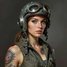 portrait of a tattooed retrofuturistic female fighter pilot in a flight suit and scratched and tattered vintage grey flight helmet science fiction digital paul lehr