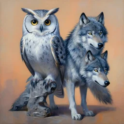 painting of hybrid between owl!!!!! & wolf, intercrossed animal, by zdzislaw beksinski, by tiffany bozic, by chris buzelli, cold hue's, warm tone gradient background, concept art, beautiful composition, digital painting