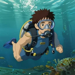 cute scuba diver, natural lighting, path traced, highly detailed, high quality, digital painting, by don bluth and ross tran and studio ghibli and alphonse mucha, artgerm