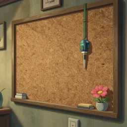 a wholesome animation key shot of a room with a big cork board, hipster vibes by studio ghibli, animation, sharp, rendered in unreal engine 5, focused, anime key art by greg rutkowski, bloom, dramatic lighting