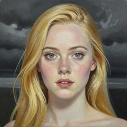 professional painting of Elle Fanning in the style of Toshiko Okanoue, head and shoulders portrait, symmetrical facial features, smooth, sharp focus, illustration, intricate, stormy weather, extremely detailed masterpiece,