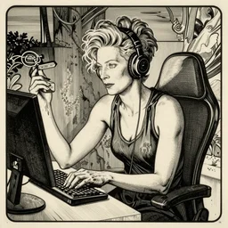 Tilda Swinton posing like a gamer, black ink illustration, woodblock print, by Aubrey Beardsley, Alphonse Mucha, Tolouse-Lautrec
