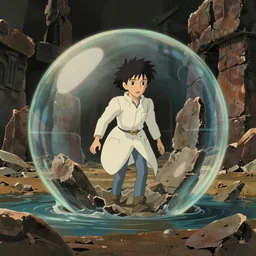 realistic interior shot from howls moving castle ( 2 0 0 4 ) of a scientist entering a cubic bubble in a crumbling flooded desert monument valley stonehenge cartoon depth of field.