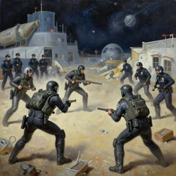 detailed oil painting of space gangsters fighting over territory, police are too busy with other things to pay attention to them by alan bean