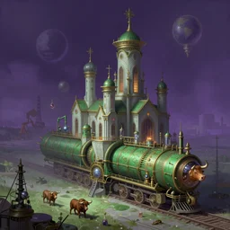 Interplanetary cathedral snake oil engineering alchemical locomotive pharmaceutical industrial petroleum oil rig apothecary bull run serum cathedral, fantasy, portrait, sharp focus, intricate, elegant, digital painting, artstation, matte, highly detailed, concept art, illustration, volumetric lighting, purple green color scheme, art by Ilya Kuvshinov, artgerm