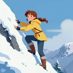 portrait of madeline from celeste climbing a snowy mountain, pixel art, highly detailed, digital painting, artstation, concept art, sharp focus, illustration, art by greg rutkowski and alphonse mucha