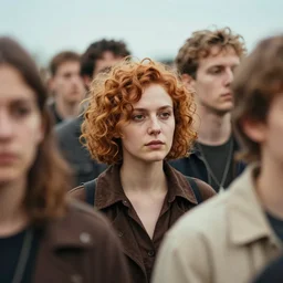 portrait woman with short ginger curly hair in the crowd, by joe fenton, by kaethe butcher, by ashley wood, dynamic lighting, gradient light blue, brown, blonde cream and white color scheme, grunge aesthetic