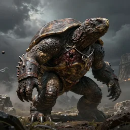 elden ring, dark souls, humanoid sturdy turtle monster, photorealistic, grimdark, gruesome, full height, front and side view