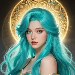 beautiful girl with long turqoise hair, cute, ornamental halo, intricate, highly detailed, digital painting, trending on artstation, concept art, smooth, sharp focus, backlit, rim light, vivid colors, illustration, unreal engine 5, 8 k, art by rossdraws and alphonse mucha