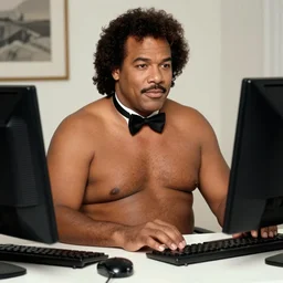 chubby patrick swayze working from home at the computer shirtless wearing a bowtie
