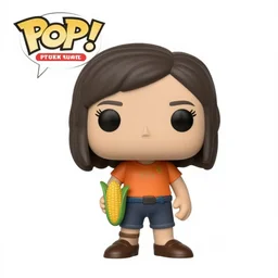 a funko pop of piper mclean, a cherokee girl with choppy dark hair and an orange shirt, holding a cornucopia