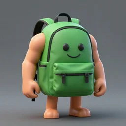 A green backpack with muscular human limbs smiling, studio lighting, 8k, trending on artstation