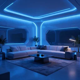 futuristic looking living room, blue neon lights, contrasted, octane render