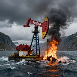 a nestle branded oil derrick with huge nestle logo sits burning and crumbing in the ocean near a fjord, leaking oil into the water, rough choppy waves, thick black smoke billows into the air, stormy clouds, dystopian, sharp detail, octane render, 8k