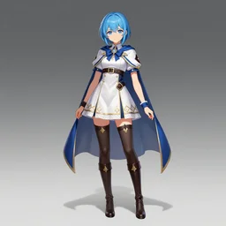 female alchemist with short blue hair, wearing a short dress, stockings, leather boots and a cape, from Bravely Default II, concept art, character design, jRPG character art, digital art, full body, high quality,