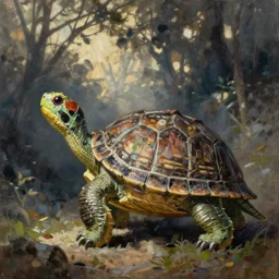 tengu turtle by Yoshitaka Amano, style of John Kenn Mortensen, oil painting on canvas