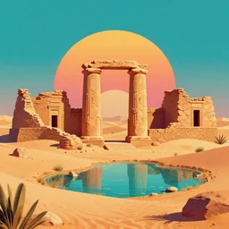 Ancient ruins in the desert in a oasis,retrowave art,cyberpunk , trending on art station