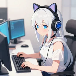 anime girl with white hair and blue eyes, wearing cat ear headphones, sitting at desk at keyboard, programming, pixiv, anime