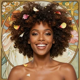 portrait of a smiling beautiful black woman who looks like janelle monae and erika alexander with big fluffy afro surrounded by flower petals by argerm and by alphonse mucha, face by wlop, trending on artstation, octane render