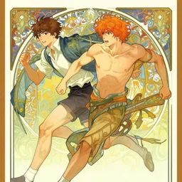 a drawing of a young man with brown hair and a young muscular man with orange hair running frantically together, a poster by victo ngai and krenz cushart, pixiv contest winner, art nouveau, official art, wiccan. colorful. xiao tong. detailed. beautiful.