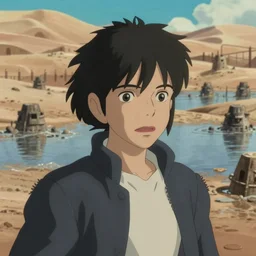 realistic close up still from howl's moving castle ( 2 0 0 4 ) of a flooded desert prison, depth of field.