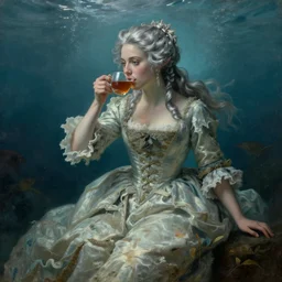 a 1 8 th century, silver haired, ( ( mad ) ) ) elf princess look like ( ( young kate winslet ) ), dressed in a ragged, wedding dress, is drinking a cup of tea. everything is underwater, floating. greenish blue, theatrical, oil canvas by van dyck, goya, and claude monet