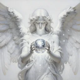 highdetailed hyperrealistic painting of white angel!!! no gender!!!, giant silver ball of miracle light from the chest!!!!!, white sparkles everywhere, 4 k detailed face!!!, big wings, fur effect, by jan van eyck, holography space, glow effect, large strokes, white monochrome color!!!!!, white background, silver glitters evertwhere