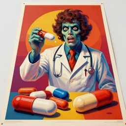acid color painting in a vibrant color style of 70's black poster art of an psychotic doctor prescribing large pills, golden ratio composition, epic scale ultrawide angle, 3D  rendered, Vray rendered, octane render, unreal engine