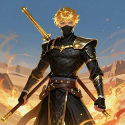An Artstation drawing style of a young man wearing a black scale ninja outfit with golden details, no mask, wavy golden hair and blue eyes. He is holding a golden bo staff. He is in a fiery desert with a blue sky.
