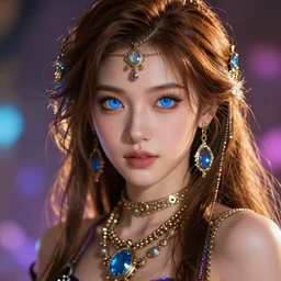 a beautiful fantasy girl, brown hair, bright blue eyes, lots of jewelry, epic lighting, vibrant colors and hard shadows and strong rim light, very coherent, digital art, trending on artstation, finely detailed features, ross tran, sam yang