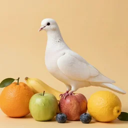 high quality studio photography of a dove with assorted fruit, solid background